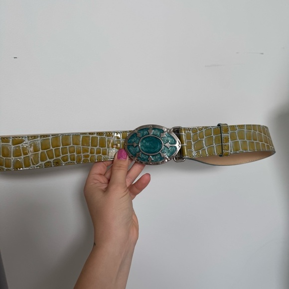 Vintage Italian Croc-Embossed Leather Belt with Turquoise Mosaic Buckle 41.5” L - Picture 4 of 5